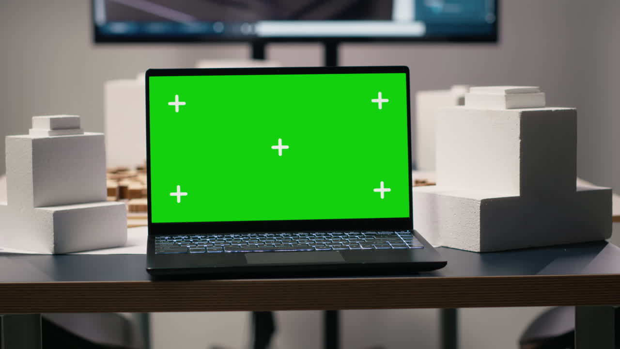 Clean workspace designed for property development with green screen laptop