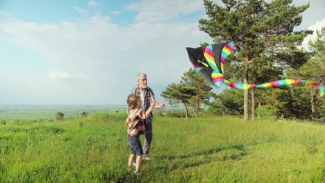 Kaukasischer-älterer-Mann-Mit-Seinem-Enkel-Im-Park,-Während-Sie-An-Einem-Sonnigen-Tag-Einen-Drachen-Steigen-Lassen