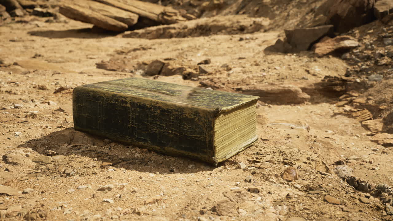 Ancient book resting on dry cracked earth in a deserted landscape
