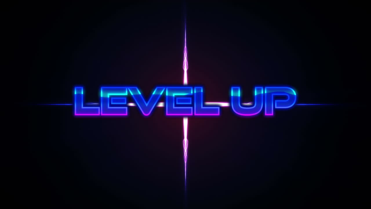 보라색 빛나는 모양 위에 레벨 업 텍스트의 애니메이션