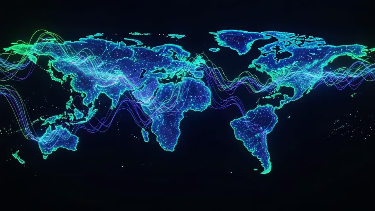 A Dynamic Representation of Global Connectivity: A Vivid Visualization of the World Map with Neon Lines Representing Data Flow and Connectivity Across Continents