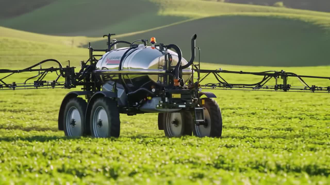 A Modern Agricultural Sprayer in Action, Navigating Through Lush Green Fields to Efficiently Apply Crop Protection Solutions for Healthy Growth and Maximum Yield