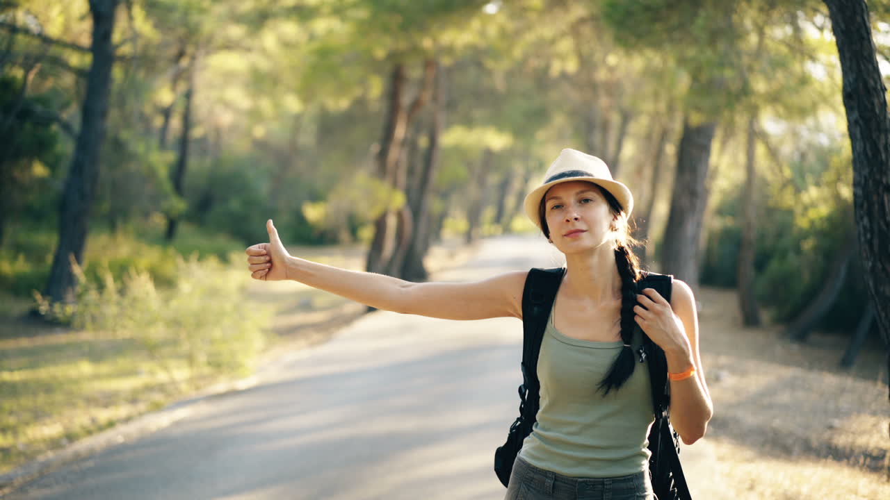 Woman hitchhiking in the forest