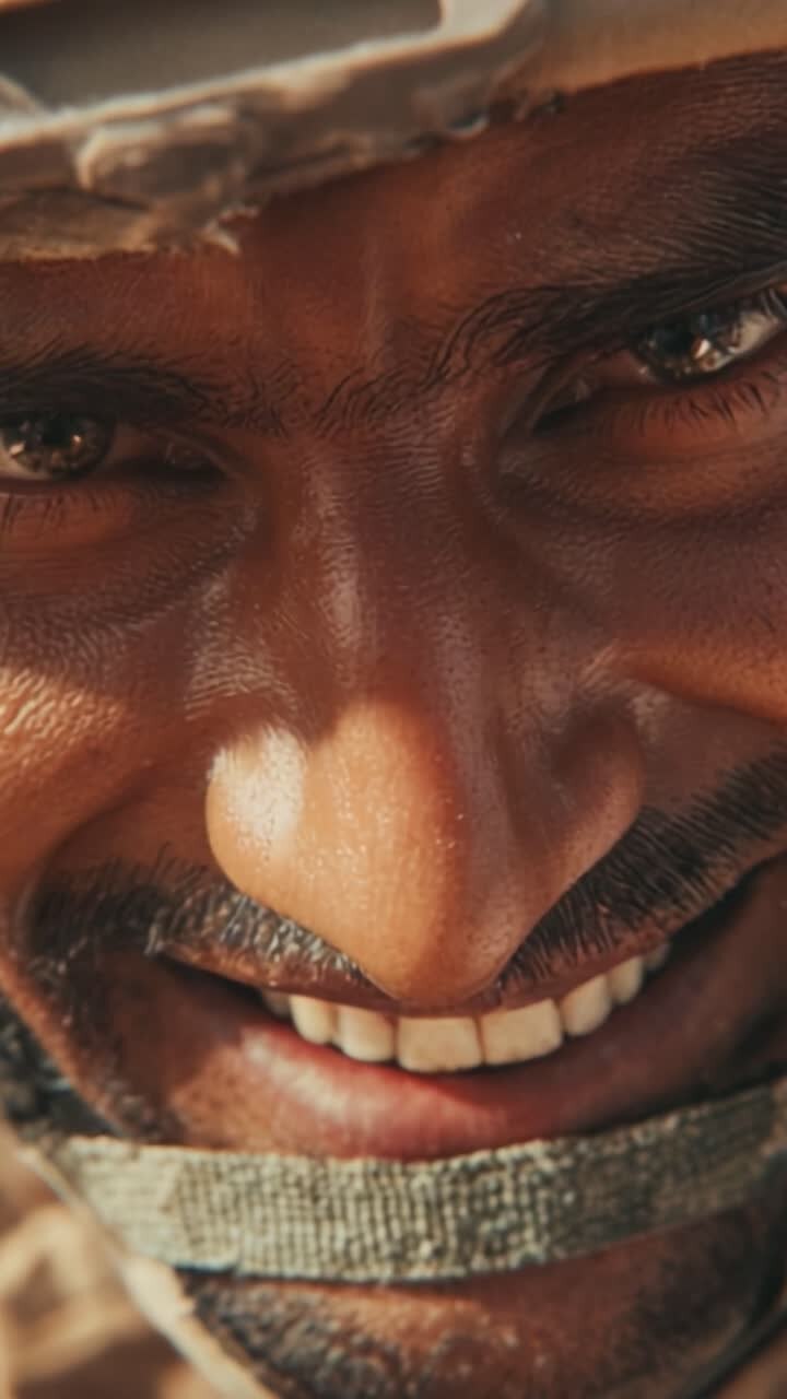 An Intimate Portrait of a Smiling Soldier, Radiating Joy and Resilience Amidst Challenging Circumstances, Capturing the Spirit of Unity and Courage in Difficult Times