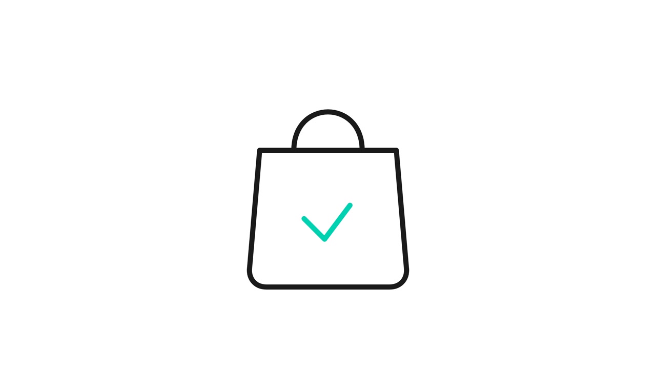 Disegno al tratto animato di una borsa della spesa con un segno di spunta
