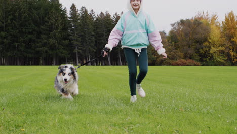 A-child-walks-with-a-sheepdog-on-a-leash-in-the-autumn-park.-Slow-motion-video