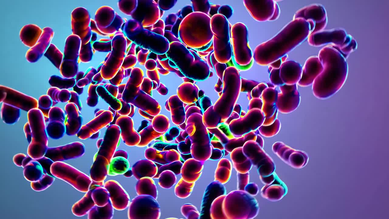 Batteri 3D colorati che fluttuano in una vivace visione microscopica. L'inquadratura è un primo piano