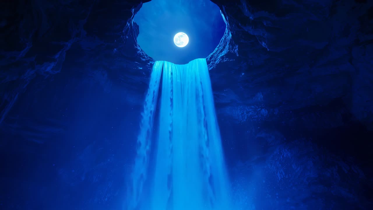 Full moon shining through circular opening in cave causing luminous waterfall pouring mist forming