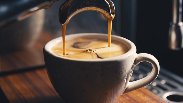Kräftiger Espresso fließt aus der Maschine in eine Keramiktasse