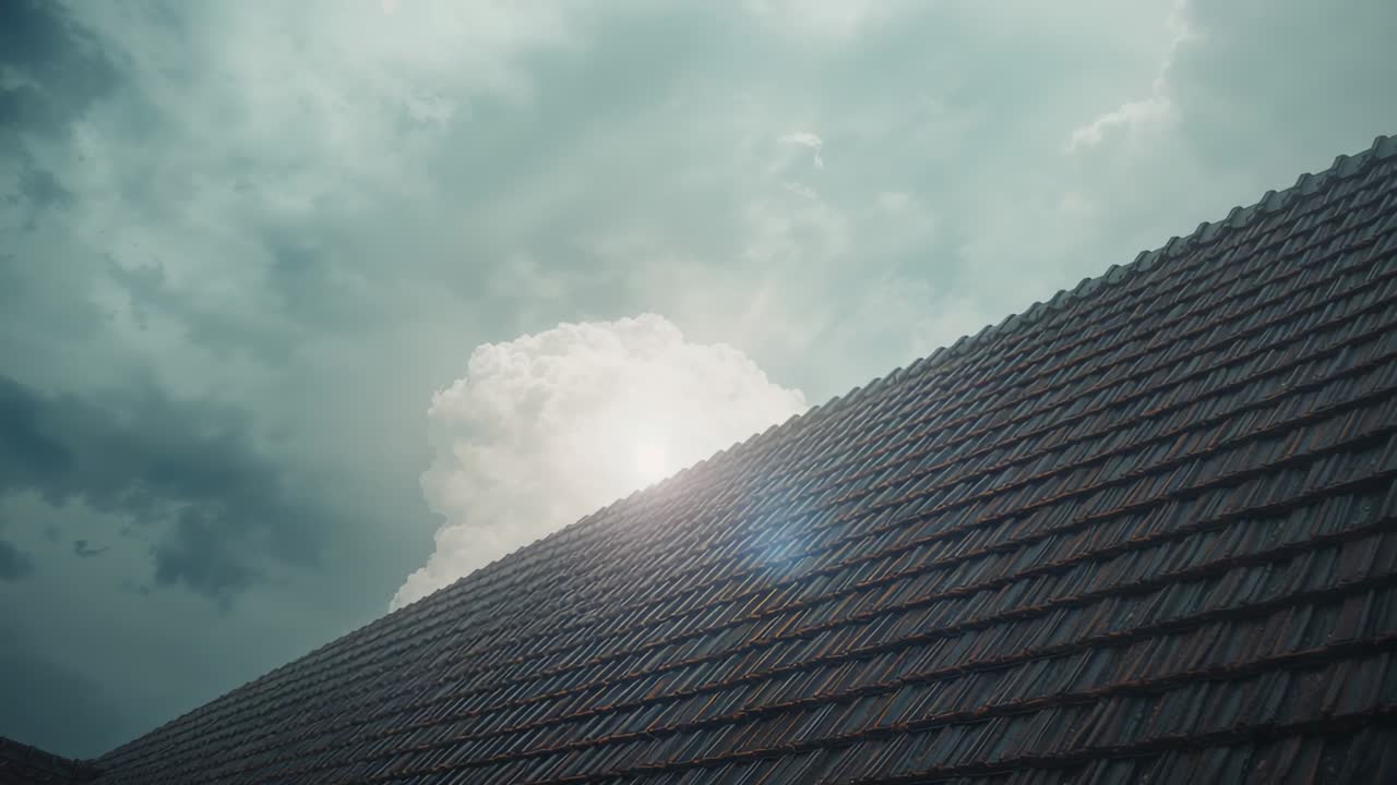 Tilting camera over tile roof at home as sun peeking behind cumulus cloud, showing lens flare