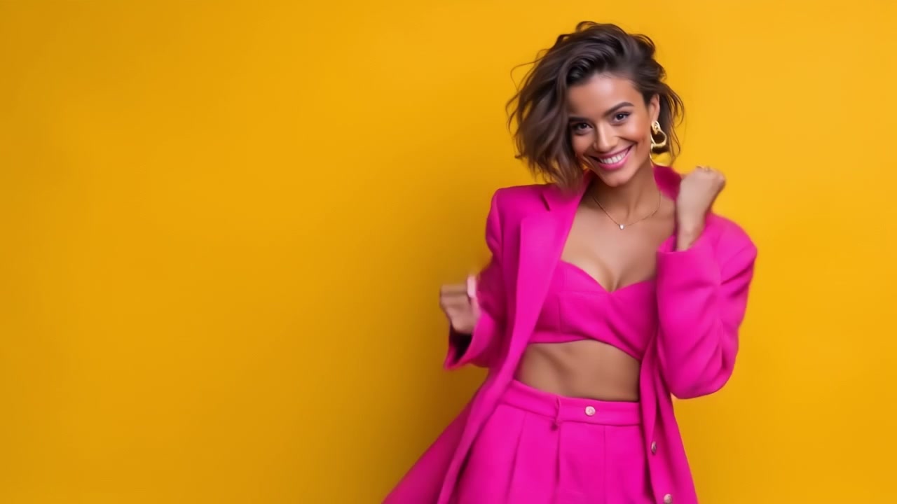Giovane donna entusiasta in un tailleur rosa che esulta con i pugni alzati su uno sfondo giallo brillante.