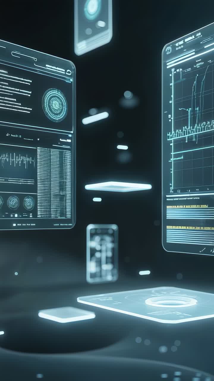 Vertical video: Appearing two holographic panels with smartphone display and UI drifting in void