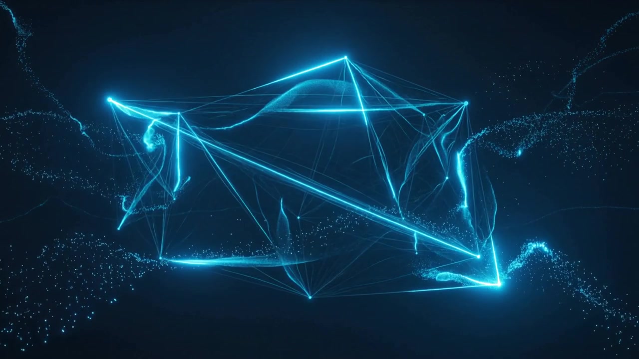 Assembling glowing blue wireframe cube in navy void, particle streams feeding nodes to form frame