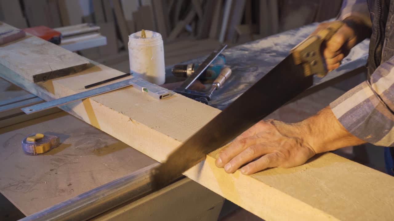 un carpintero de primer plano está cortando madera con una sierra de mano.