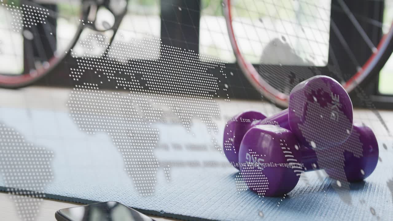 Overlay shifting, revealing purple 3KG dumbbells while phone appearing, showing home workout setup