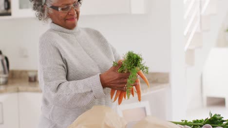 Glückliche-ältere-Afroamerikanische-Frau,-Die-In-Der-Küche-Kocht-Und-Karotten-In-Der-Hand-Hält