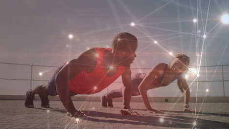 animation of network of connections over woman and man exercising outdoors