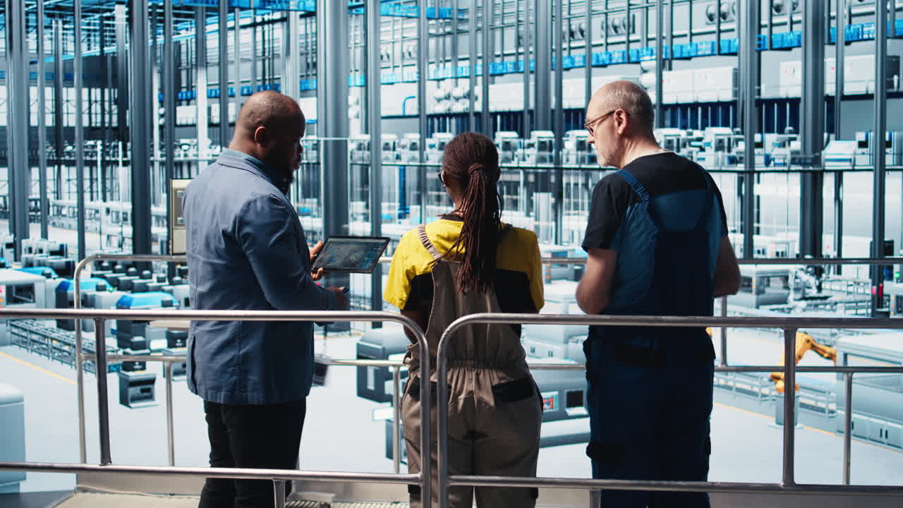 Manager overseeing industry 4.0 industrial plant workers using CAD software