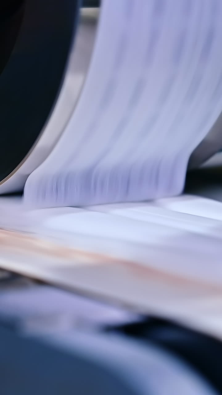 Roller rotating and sending the pieces of tissue on the conveyor belt. Automated system for modern production of dipers. Close up. Vertical video