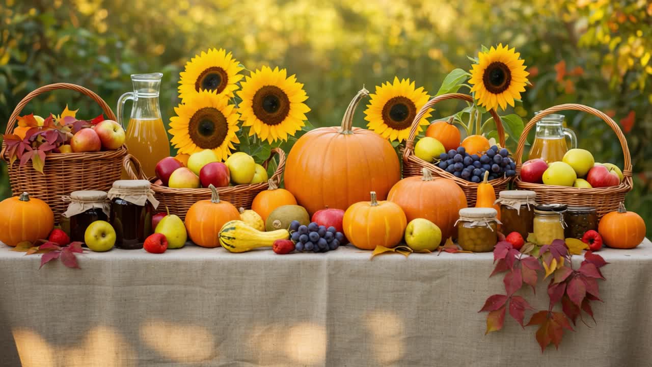 Vibrant Autumn Harvest Display Featuring Sunflowers, Pumpkins, and an Abundance of Fresh Fruits in Decorative Baskets Arranged on a Rustic Tabletop