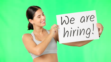 happy woman, hiring and gym poster on green screen