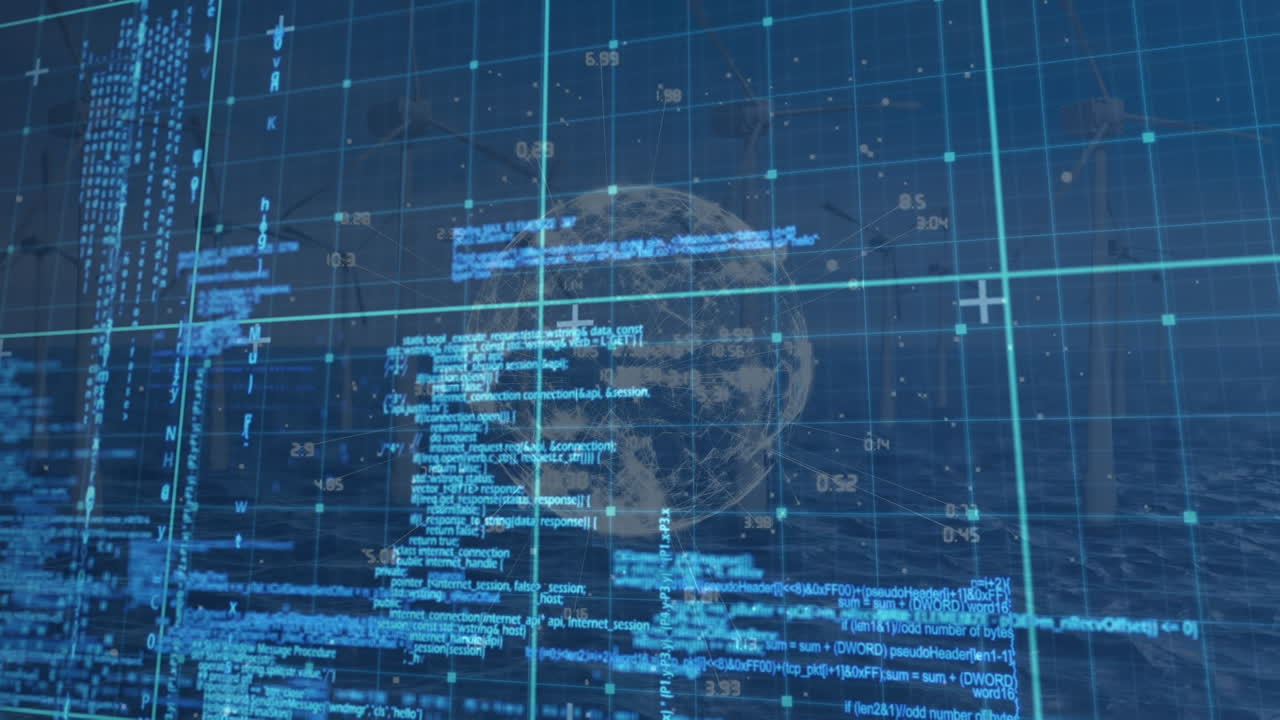 Animation of data processing and cityscape over globe