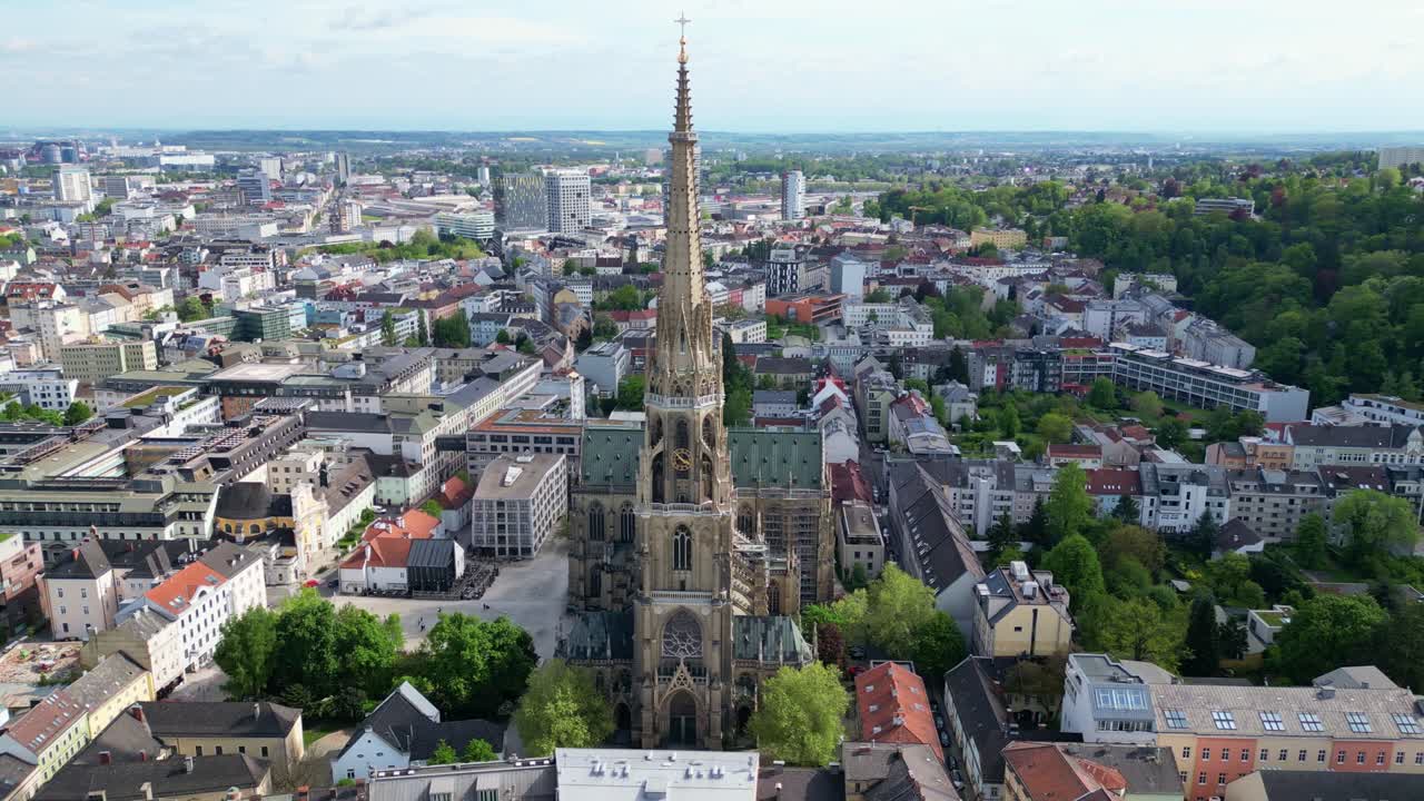 Aerial View Of Linz Cathedral And City In Daytime In Linz, Austria