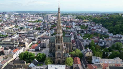 aerial view of linz cathedral and city in daytime in linz, austria