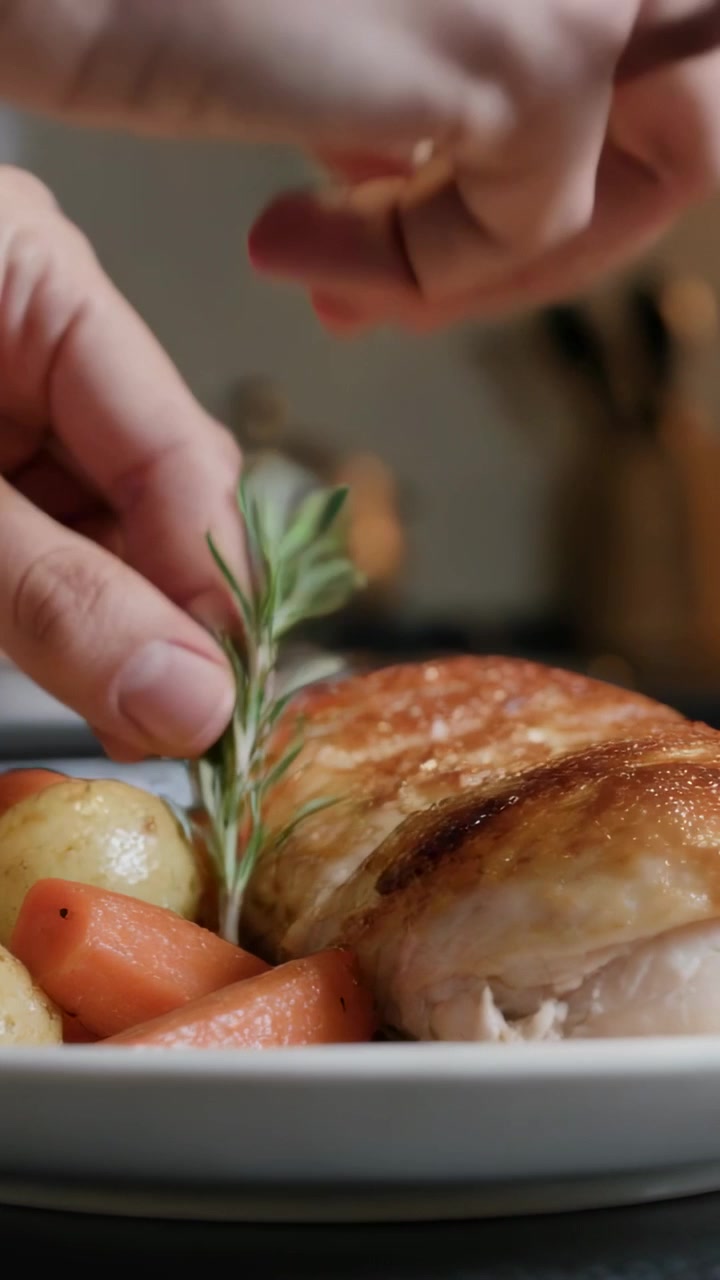 Video verticale: Forchetta che trafigge una carota, cuoco che sala e spruzza il pollo, aggiunge rosmarino, completando la preparazione.