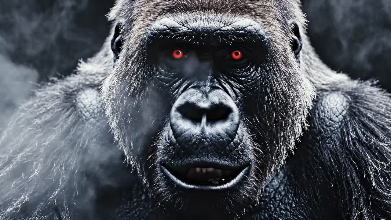 Dramatische Nahaufnahme eines Gorillas mit roten Augen, aus niedriger Perspektive aufgenommen, einem Videospiel ähnelnd.