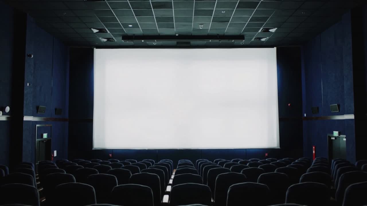 Carrello della telecamera che si avvicina a uno schermo bianco vuoto in una sala cinematografica per stringere l'inquadratura, mostrando i sedili.