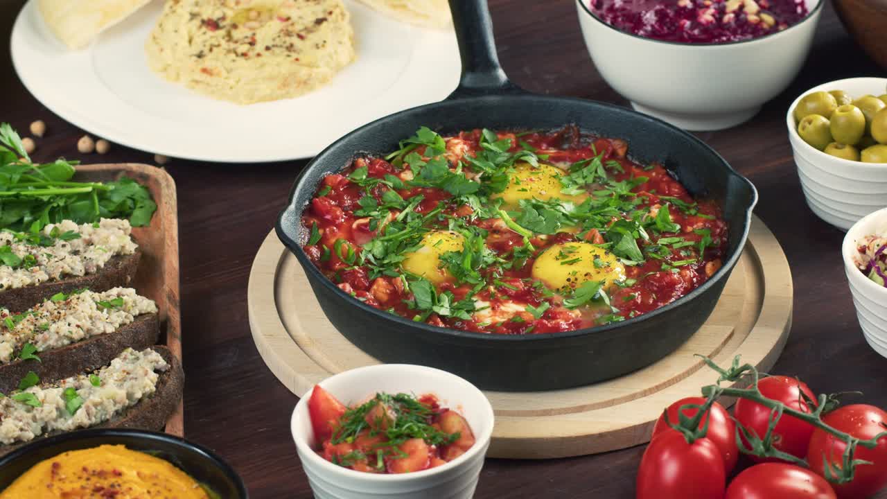 cocina israelí. manos poniendo shakshuka decorado con perejil. plato nacional judío hecho de huevos fritos en salsa de tomate, pimientos picantes, cebollas y especias, cultura de oriente medio. forshmak y hummus
