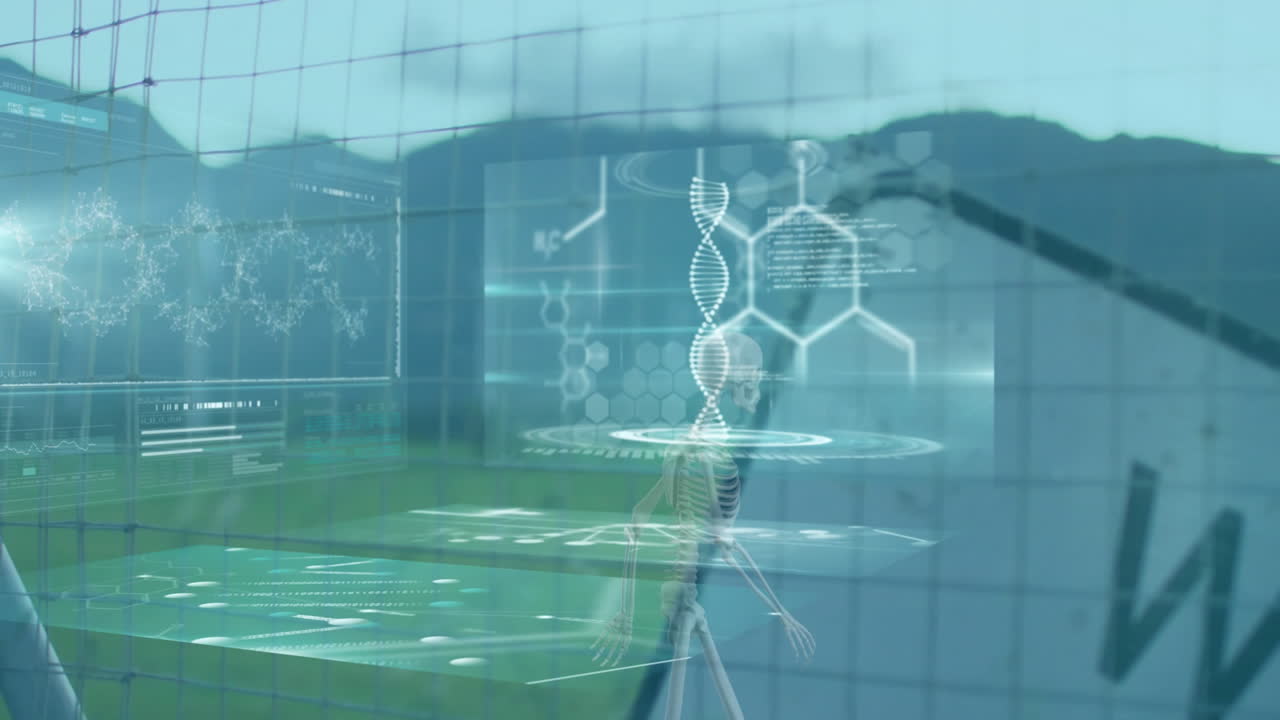 DNA strand and scientific data processing animation over outdoor landscape
