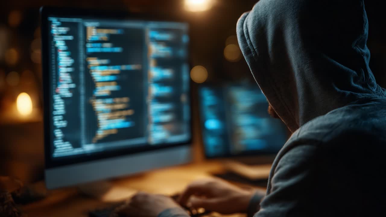 A Programmer Engrossed in Coding: A Focused Individual Enthusiastically Writing Code on Multiple Monitors at Night, Illuminated by Warm Light