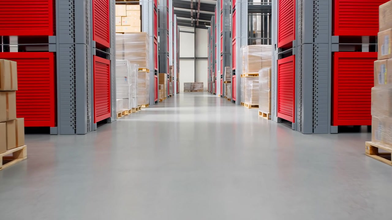 Steady forward motion reveals symmetrical rows of industrial shelving, boxed inventory and shrink-wrapped pallets, with bright ambient light and a clear central pathway through the warehouse.