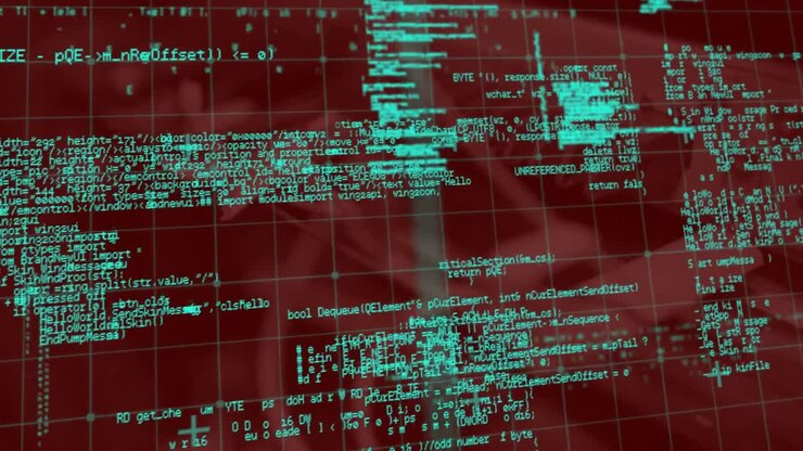 Animation of data processing over grid network against close up of a computer server