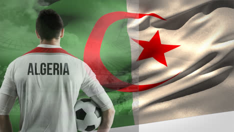 soccer player and algeria flag against football stadium