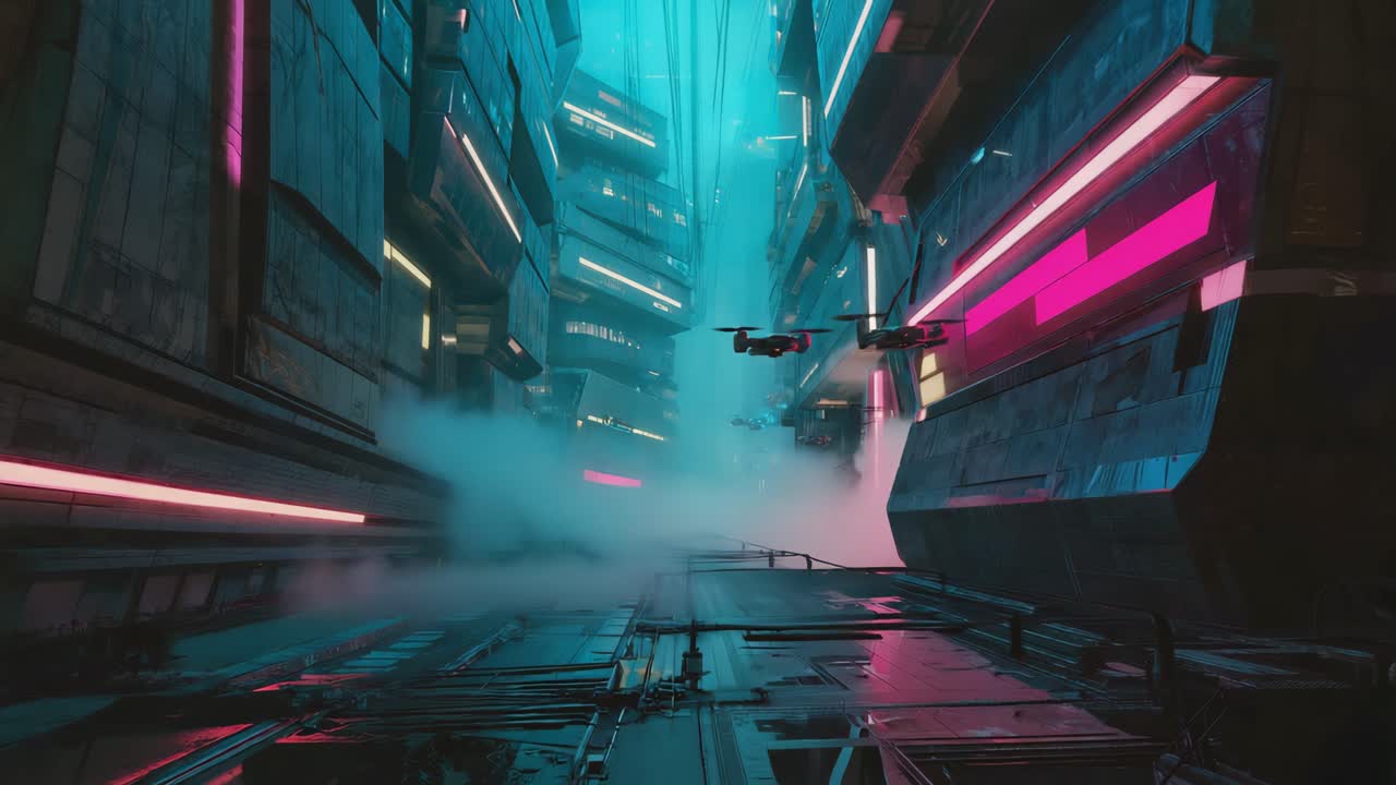 Futuristic Cityscape with Neon Lights and Drones