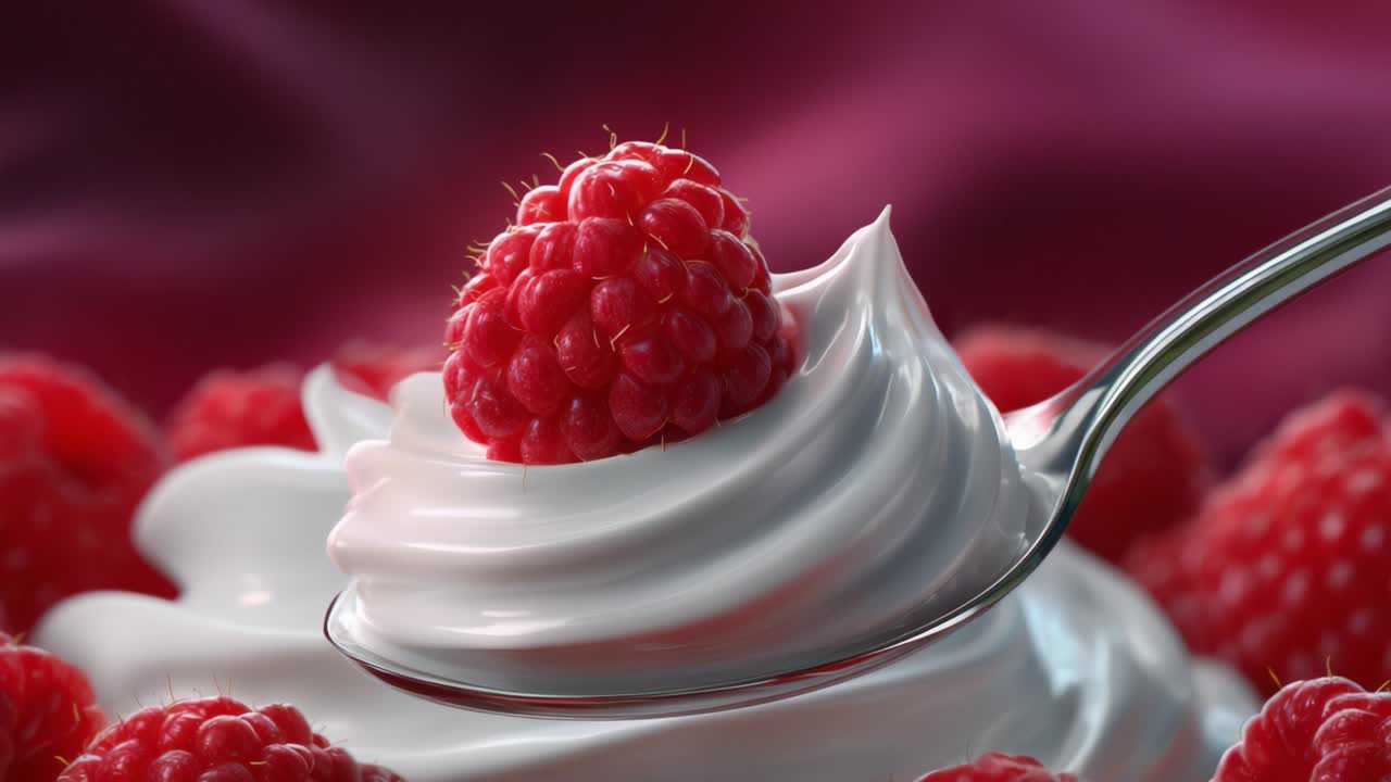 Deliciously Dreamy Dessert: A Close-Up of Creamy Whipped Topping Crowned with Fresh Raspberries on a Silky Background, Capturing Sweet Indulgence in Every Bite