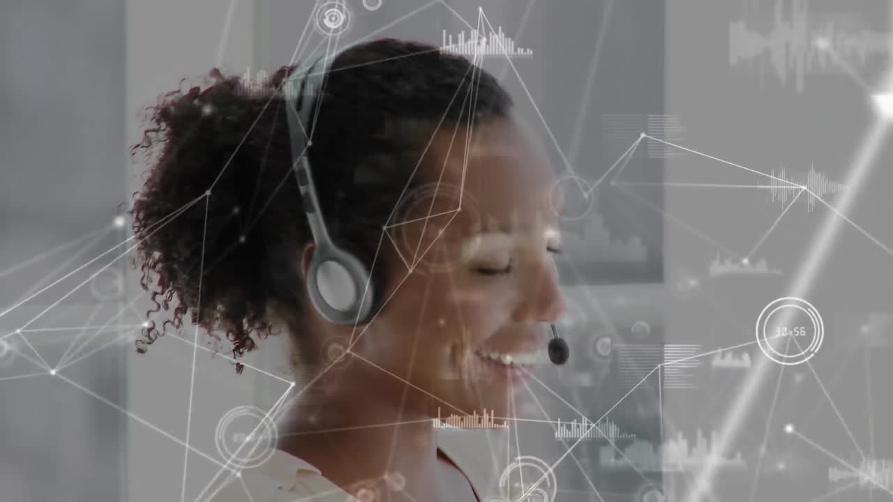 Animação de redes de conexões sobre empresária usando fones de ouvido