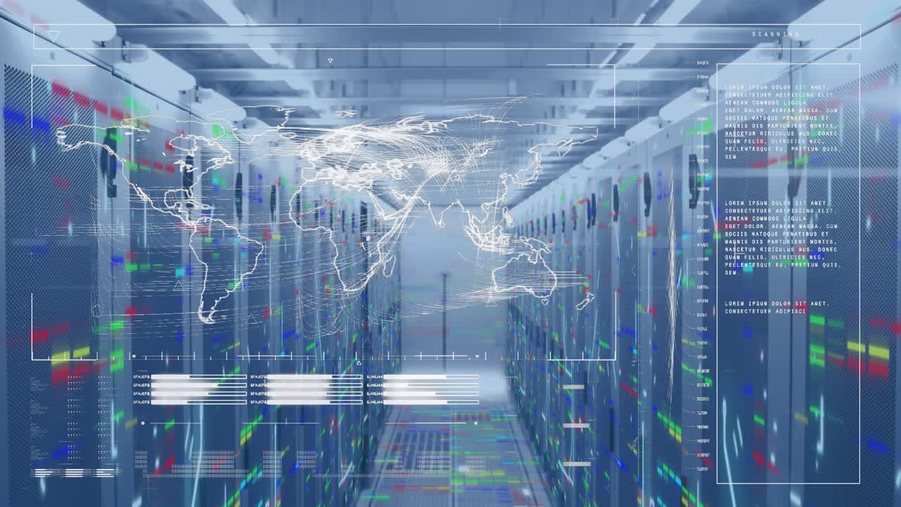 세계 지도와 서버  ⁇  위에 움직이는 기둥으로 데이터 처리의 애니메이션