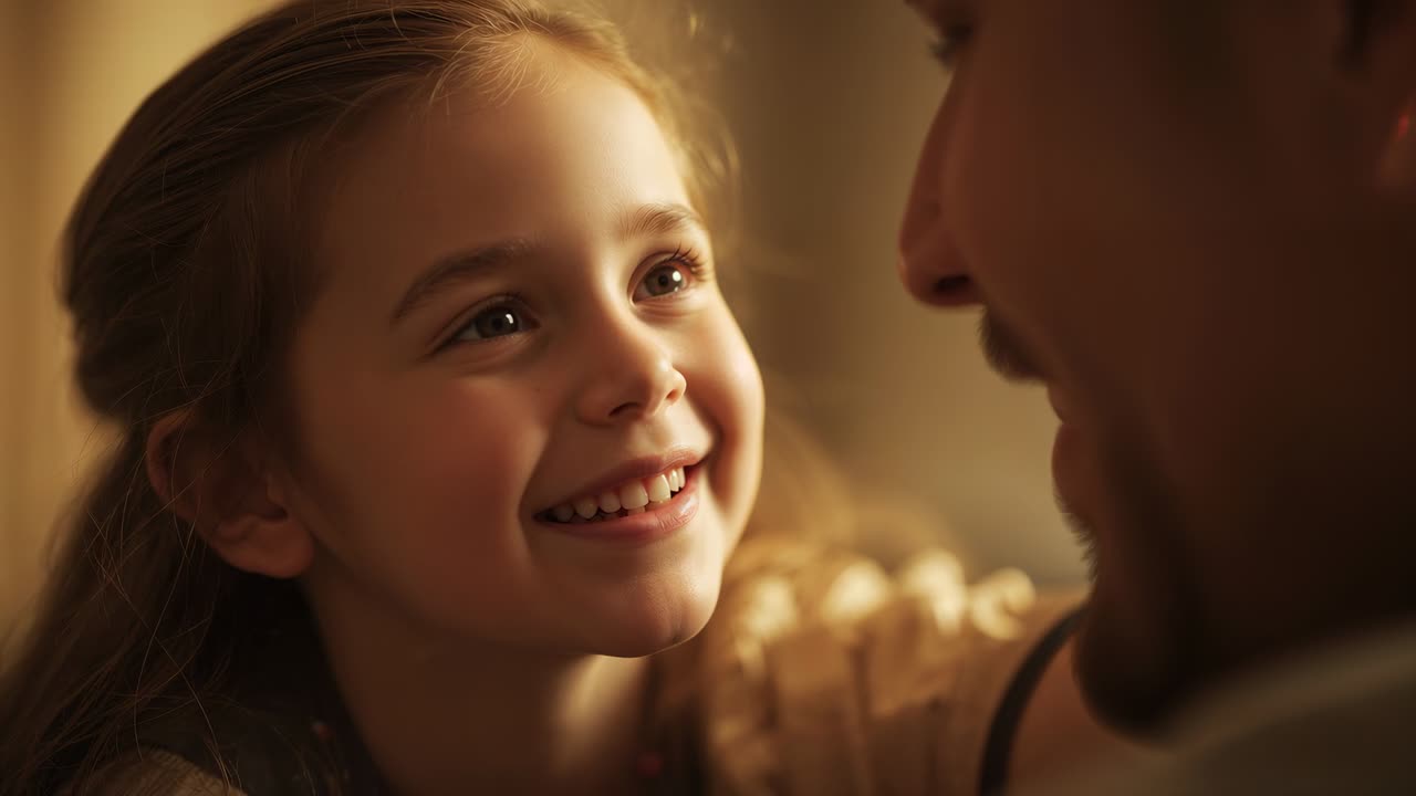 Smiling child looking up, reaching to touch man's face at home, wearing necklace, showing trust