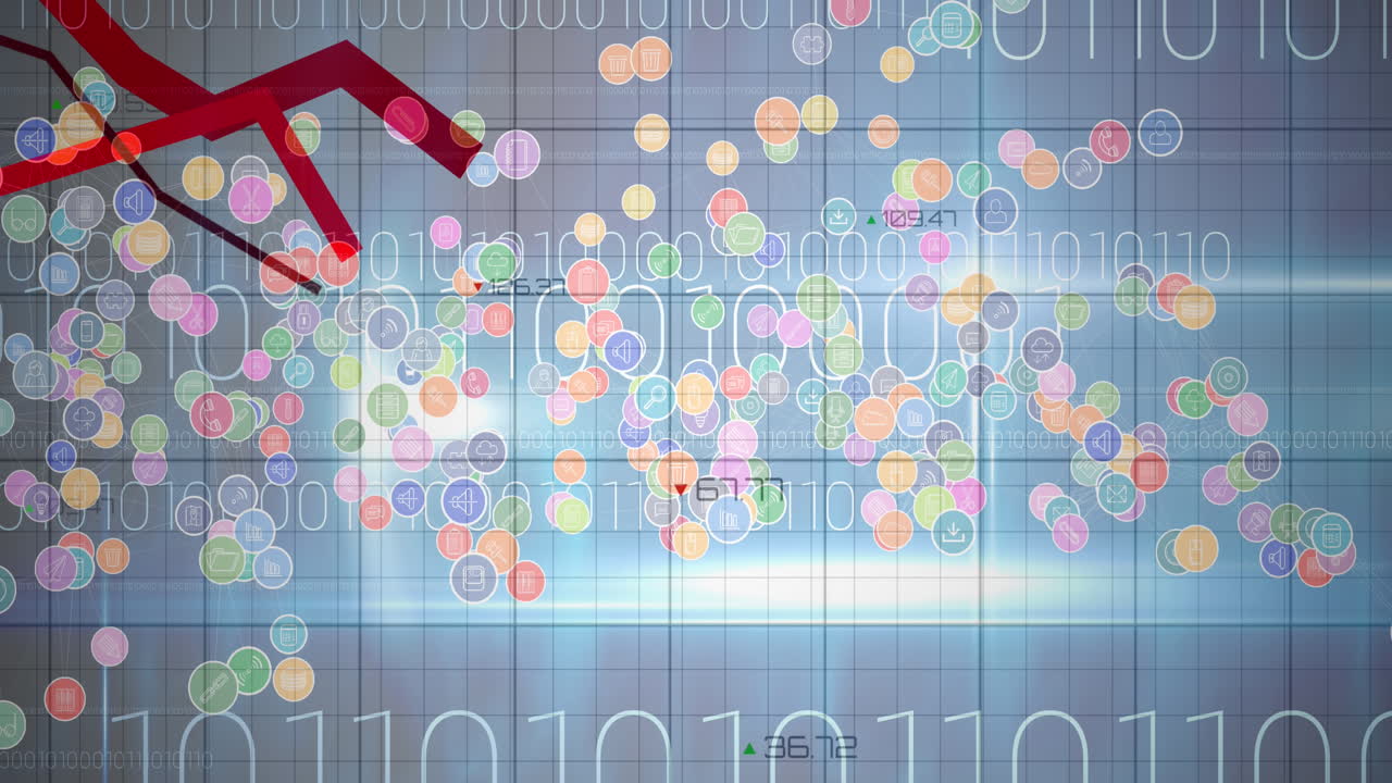 Animation of red lines processing, digital icons and binary coding on blue background