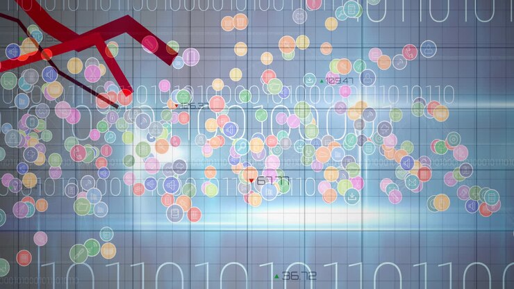 Animation of red lines processing, digital icons and binary coding on blue background