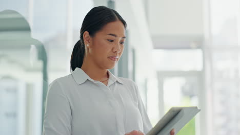 asian woman, typing and tablet for social media