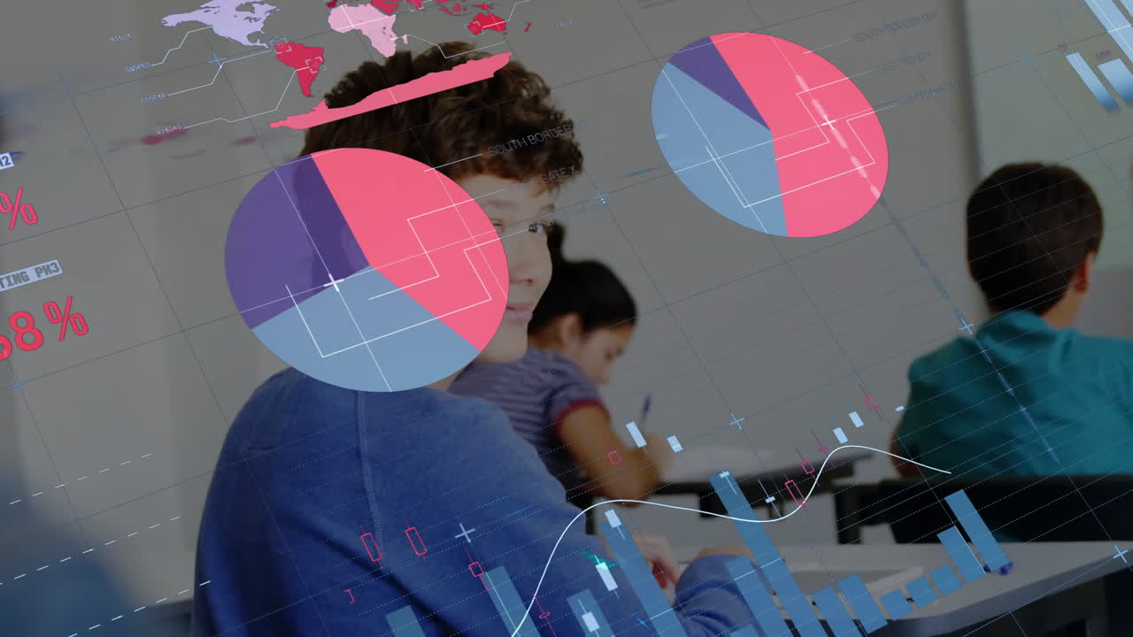 animación de interfaz infográfica multicolor sobre un niño caucásico sonriente en el aula