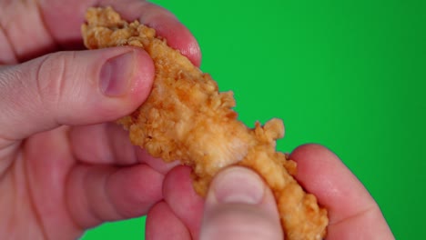 male hands breaking open the chicken strips into two parts.