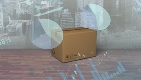 procesamiento de datos estadísticos sobre caja de entrega en superficie de madera contra el paisaje urbano