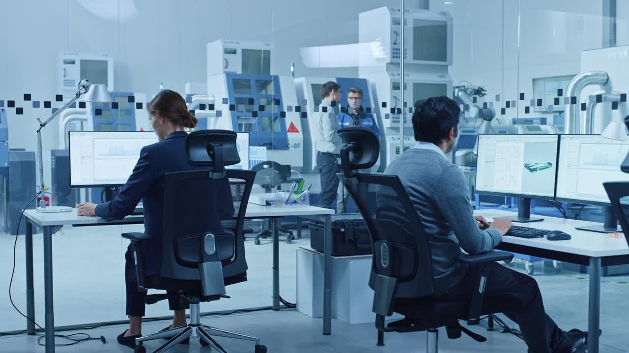 전자 공장: 남성 전기 엔지니어는 pcb 프로토타입을 들고, 컴퓨터에서 일하고, cad 소프트웨어를 사용하여 마이크로, 반도체 및 통신 장비 제조 시설을 개발합니다.