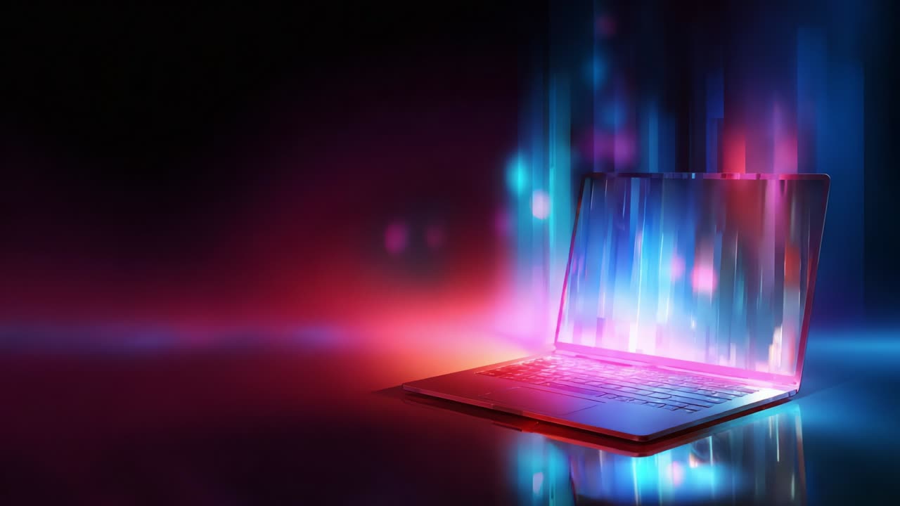 A stunning visualization of a glowing laptop computer emanating vibrant light streaks in blue and pink, set against a dark background, symbolizing technology and creative potential in a digital age